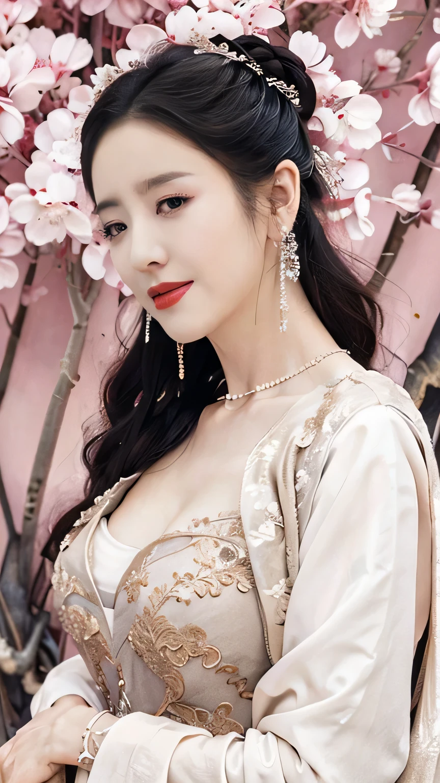 highly detailed, 8K, masterpiece, full-body shot，Facing the camera，1 girl, Black hair, nude, Smile, (perfect_Face), boundary, close up, crazy,, Gorgeous, complicated, Dramatic Lighting, 4K, detailed, Caustic lines, Half Body,  Huge breasts 1.5，Deep cleavage，Transparent woven Hanfu，Exquisite ancient hair accessories、Necklace and Earrings，Standing under the peach tree in full bloom，Flowers all around。