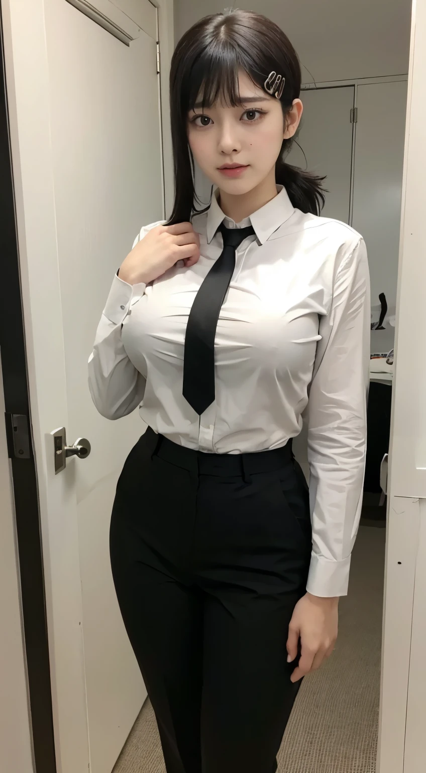 Highest quality、Ultra-high resolution、Professional Lighting、Detailed Background、workroom、full body,Kobeni-chan、A sloppy smile、25-year-old woman、beautiful girl、(Kobeni-chan、Jet black hair, Black Hair, bangs, One-sided hair,)、(Red Hair Clip:1.1)、(White shirt:1.2)+(Black tie:1.2)+(black long pants for work:1.2)、(Huge breasts that look like they might burst:1.2)、(Big thighs:1.1)、Are standing、Model pose