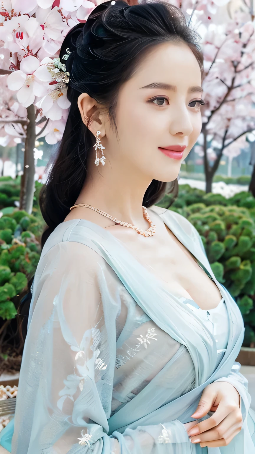 highly detailed, 8K, masterpiece, full-body shot，Facing the camera，1 girl, Black hair, nude, Smile, (perfect_Face), boundary, close up, crazy,, Gorgeous, complicated, Dramatic Lighting, 4K, detailed, Caustic lines, Half Body,  Huge breasts 1.5，Deep cleavage，Transparent woven Hanfu，Exquisite ancient hair accessories、Necklace and Earrings，Standing under the peach tree in full bloom，Flowers all around。