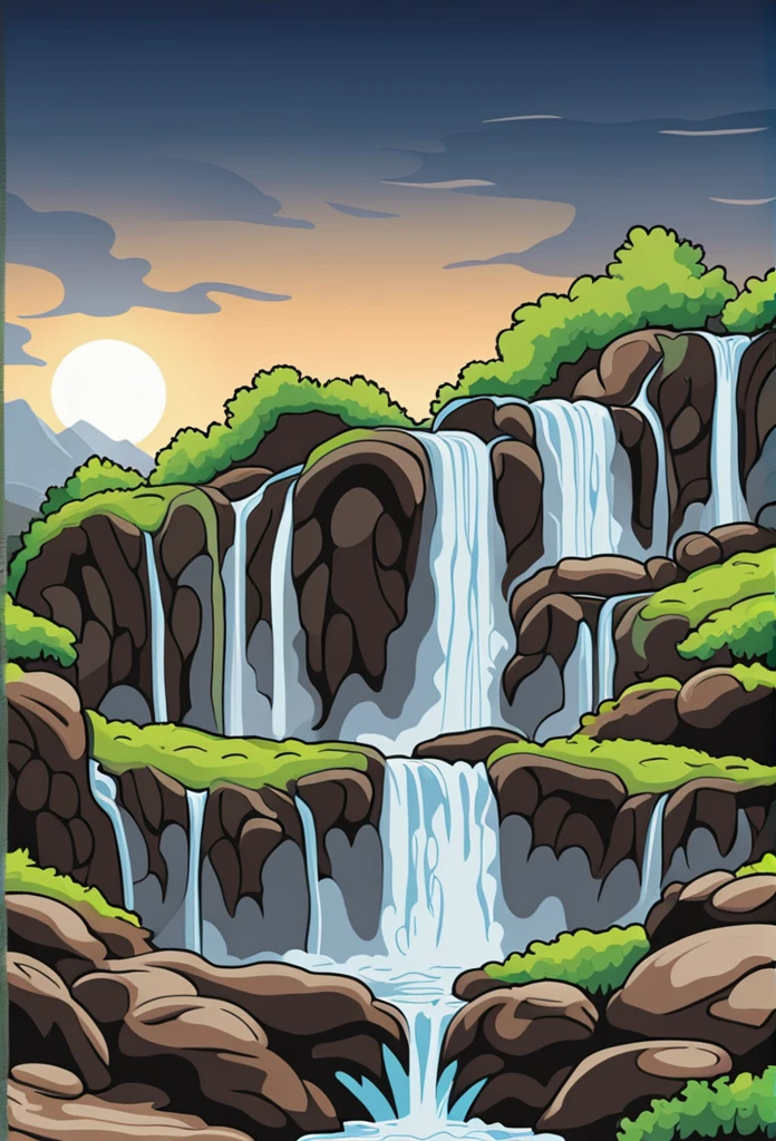 /Imagine Prompt: Waterfall illustration for banner on white background, bold outline style, irregular, Trashcore, light shading