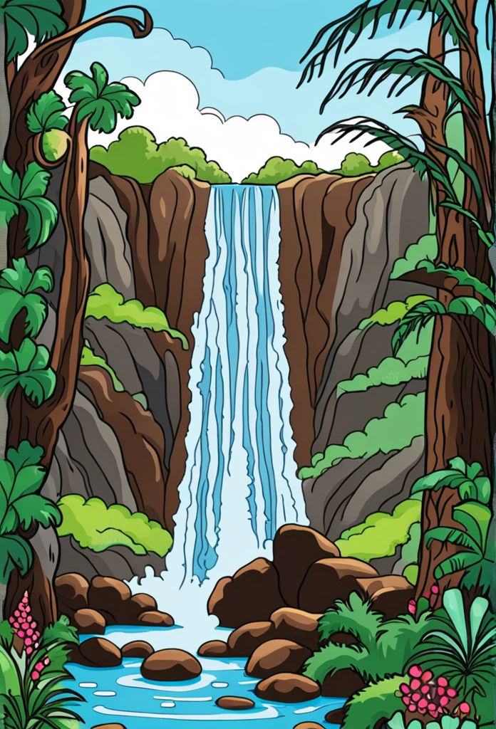 /Imagine Prompt: Waterfall illustration for banner on white background, bold outline style, irregular, Trashcore, light shading