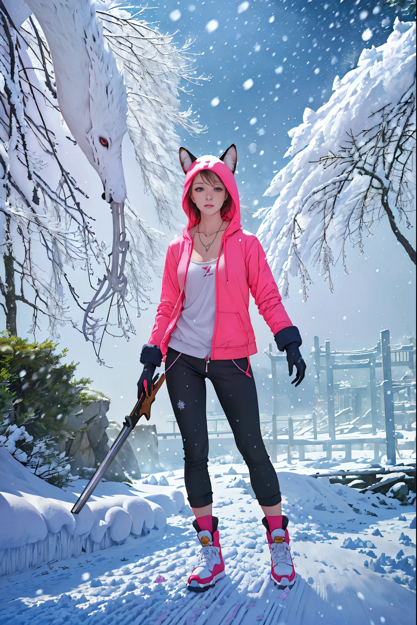 Oh, league of legend:1.3, sexy for, wallpapers, detailed eyes, fox ear, (fox tails), Warm clothing, dynamic poses , (long pink fur), medium breasts, Looking at_Shown in_Looking atl espectador, ((snowy background and scenery, Warm clothing, cold, snowing:1.5)), short_Hair, gloves, fail, Blue_there are eyes, Eternal, full_body, weapon, Footwear, Necklaces, negro_gloves, pulp, hooded, Hair_overcome_Yoon_there are eyes, cultivator_above, hoodie, negro_pants, sneakers, cut_Jacket, cyber punk character, cut_hoodie, ((anatomically perfect:1.5))