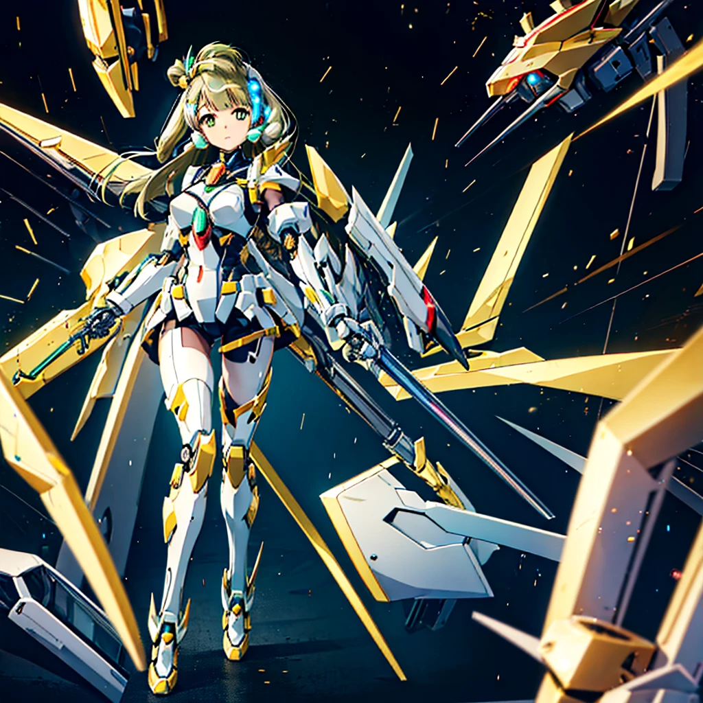 masterpiece, high quality, Gynoid Cyborg Body、The face is Minami Kotori、Minami Kotori, who has been remodeled into a girl-type mechanical body、Mecha Cyborg Girl、Single, frontal composition、Single image、from front, full body、Arms and legs wide open、Black Background