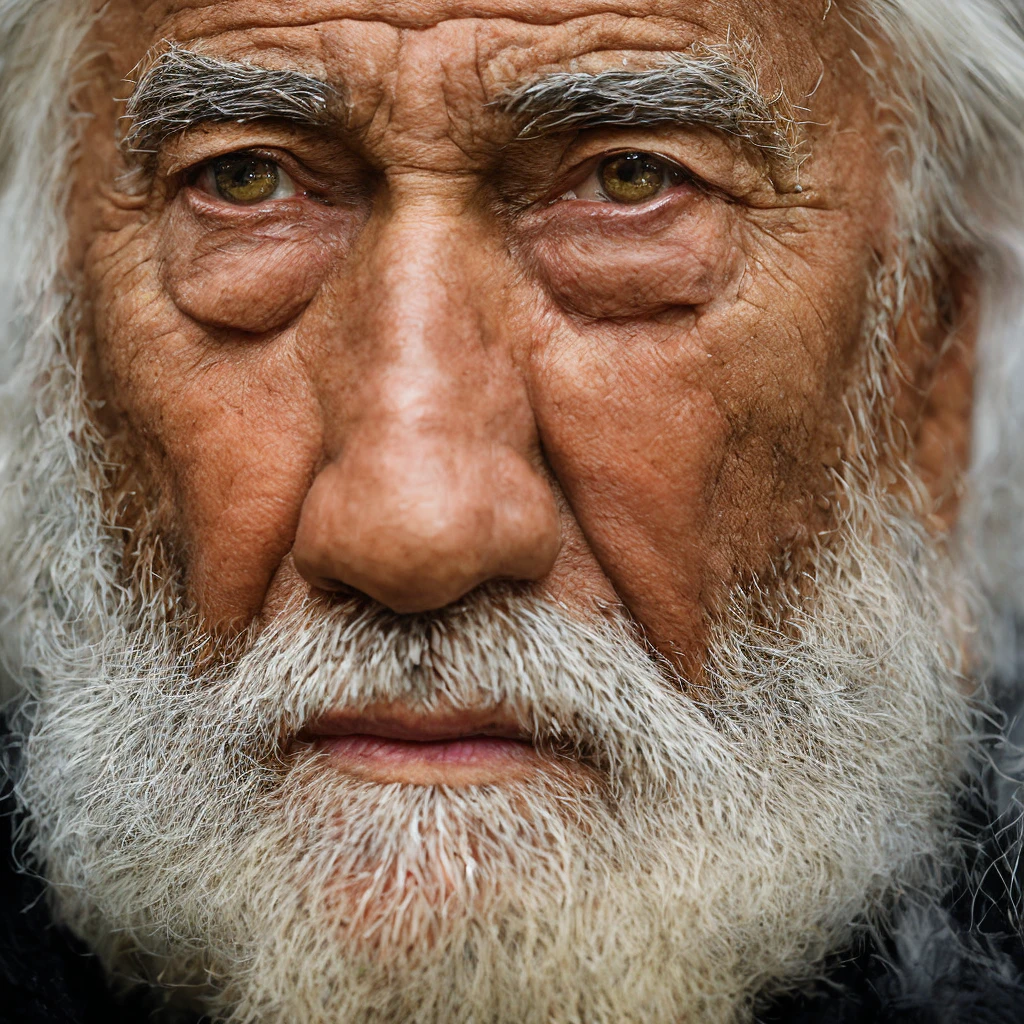 An epic close-up portrait of sinister, intense elderly eyes, and nose with long white beard, framed by an antique faded and tattered white linen hood, reflecting golden sparks in the irises of the eyes, white eyebrows, at night, dramatic lighting, hight contrast, higher definition, Hyper-Realism, hyper realist, photorrealistic, high resolution, HDR Fotografia, 8K