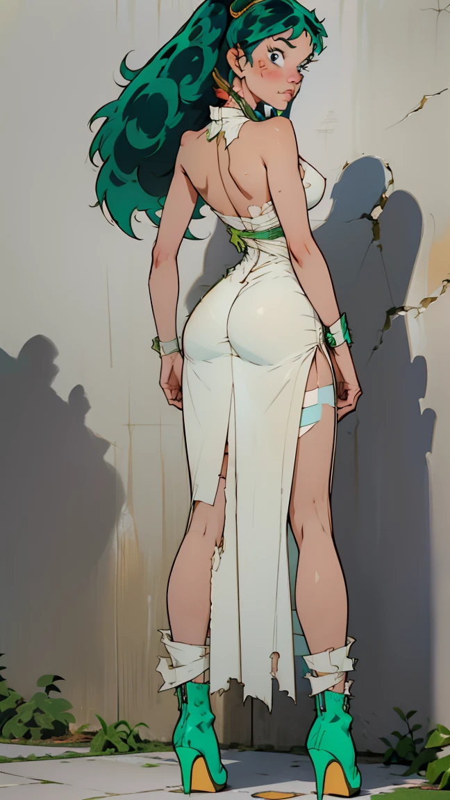 adult content, explicit content, horikoshi kouhei, 1girl, (lum standing up from behind against a wall:1.5), absurdres, bangs, blush, ( very torn long dress that shows her naked ass:1.5), breasts, brown eyes, brown hair, clenched hands, commentary request, eyelashes, full body, highres, looking down, medium breasts, medium hair, skin tight, crying, solo, (show high heels sexy boots:1.5), (she is standing up against a wall:1.5), (sexy body:1.5), (show sexy ass:1.5), (she is tape gagged:1.5), (hands tied to the wall:1.5), (naked pussy:1.5), (full body image:1.6), (long slim legs:1.5), (she is scared:1.5), (Hyper-realistic dress:1.5), (realistic skin:1)
