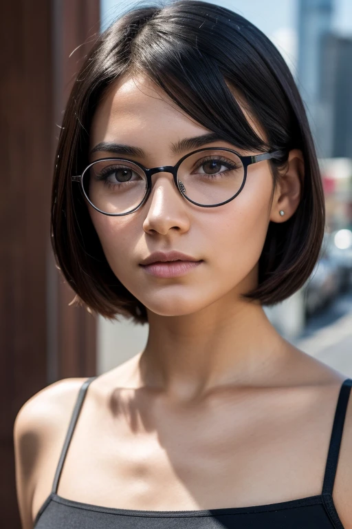 (face photo, close do rosto)(16 year old woman), (Bblack hair, shorth hair, bangss, Hair to the shoulders) ((round glasses on the face, purples eyes))(Caucasian skin) face ocidental, dark circles, sad face, tired and fallen, pimples on face, fine nose, ((best qualityer)), ((ultra resolution) ), ((photorrealistic: 1.4)), (complexdetails), (badass clothing: completely naked), Waist slender.