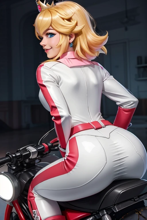 masterpiece, high quality, extremely detailed, 1girl, solo, ambient soft lighting, perfect lighting, princess_peach_mariokart_outfit, golden crown, white and pink motorcycle suit, short blonde hair, bright blue eyes, round ass, thrilled smile, closed mouth, excited expression on face, Looking back, looking from behind, back shot, sharp focus on back view, bent forward, bent over, sitting on top of a motorcycle, riding a motorcycle, The 4k textures showcases the utmost level of detail, while the cinematic lighting adds depth and adventure to the scene