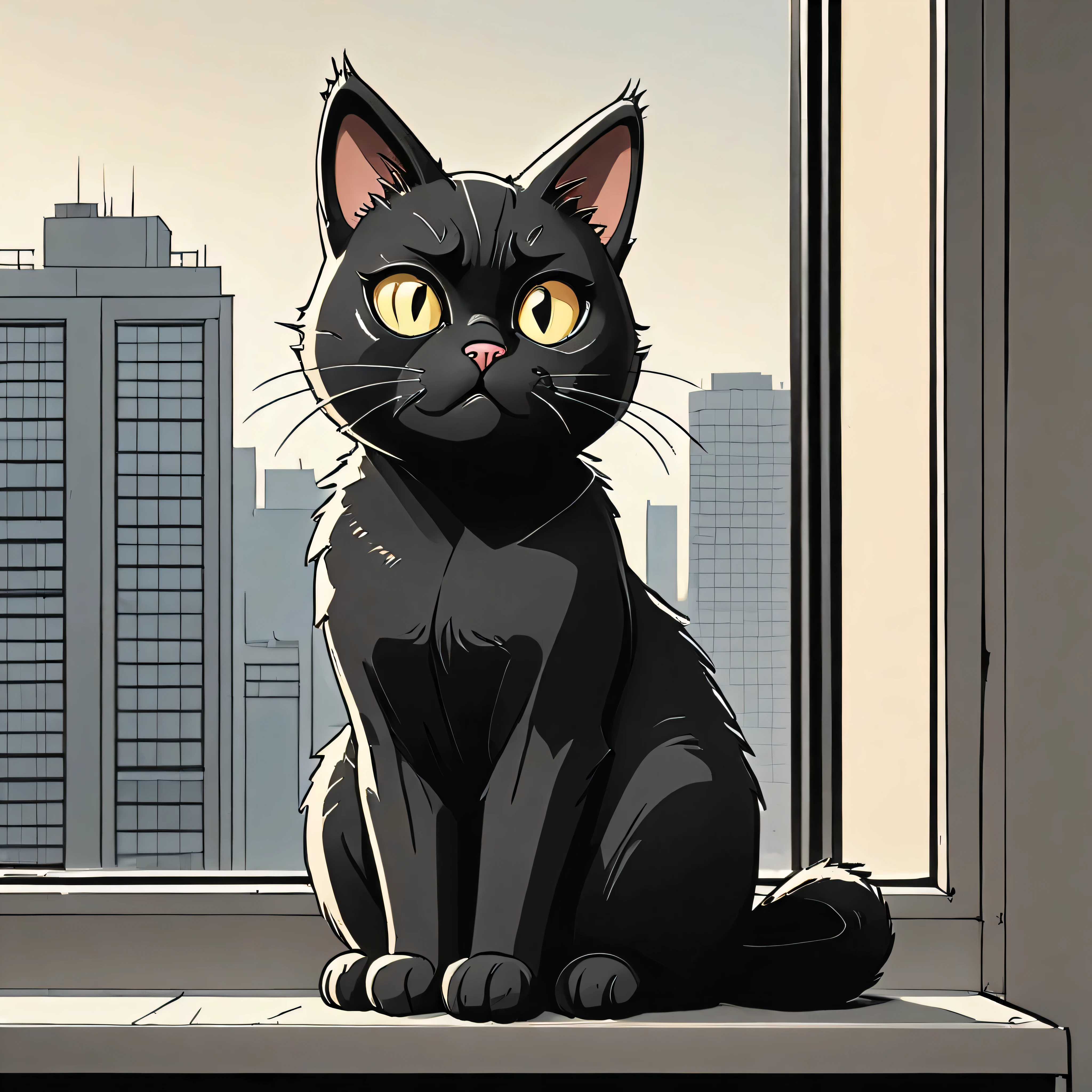 black cat sitting  on a windowsill in a Highrise apartment, simple anime style, 2D, celshading, thick lineart, heavy black ink lines, posterized, flat color, celshading, toonshading, Cartoon Rendering, Flat Shading, Graphic Novel Style, minimal shading, flat shading, hard color shading