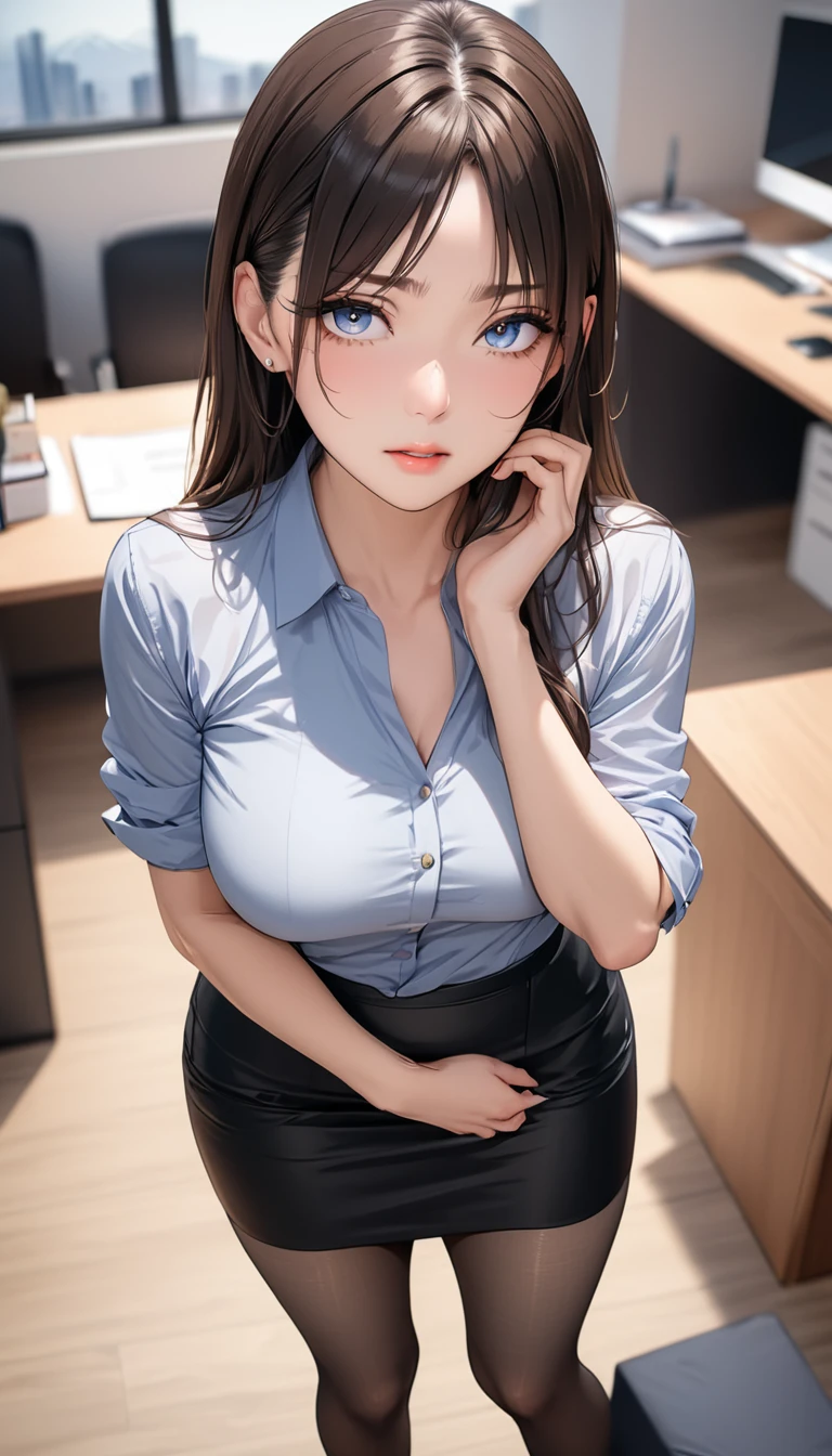 (((masterpiece))),(((High resolution)))、(((8K quality)))、(((perfect face)))、(((Beautiful woman in office))), look at the camera, ((top quality eyes)), detailed face, (detailed texture), look at the camera, big tits