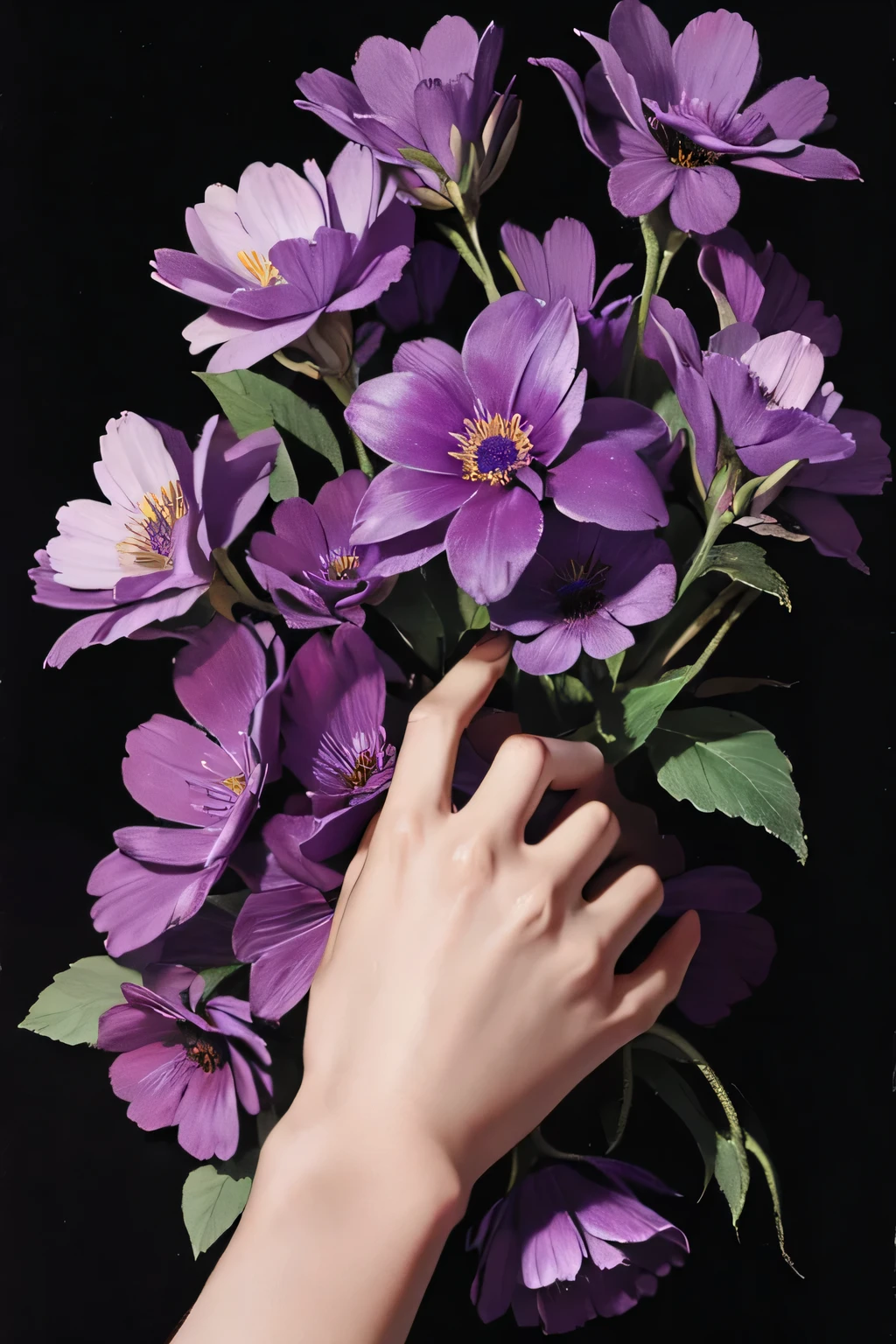 black background,Various purple flowers,Hand drawing,Retro