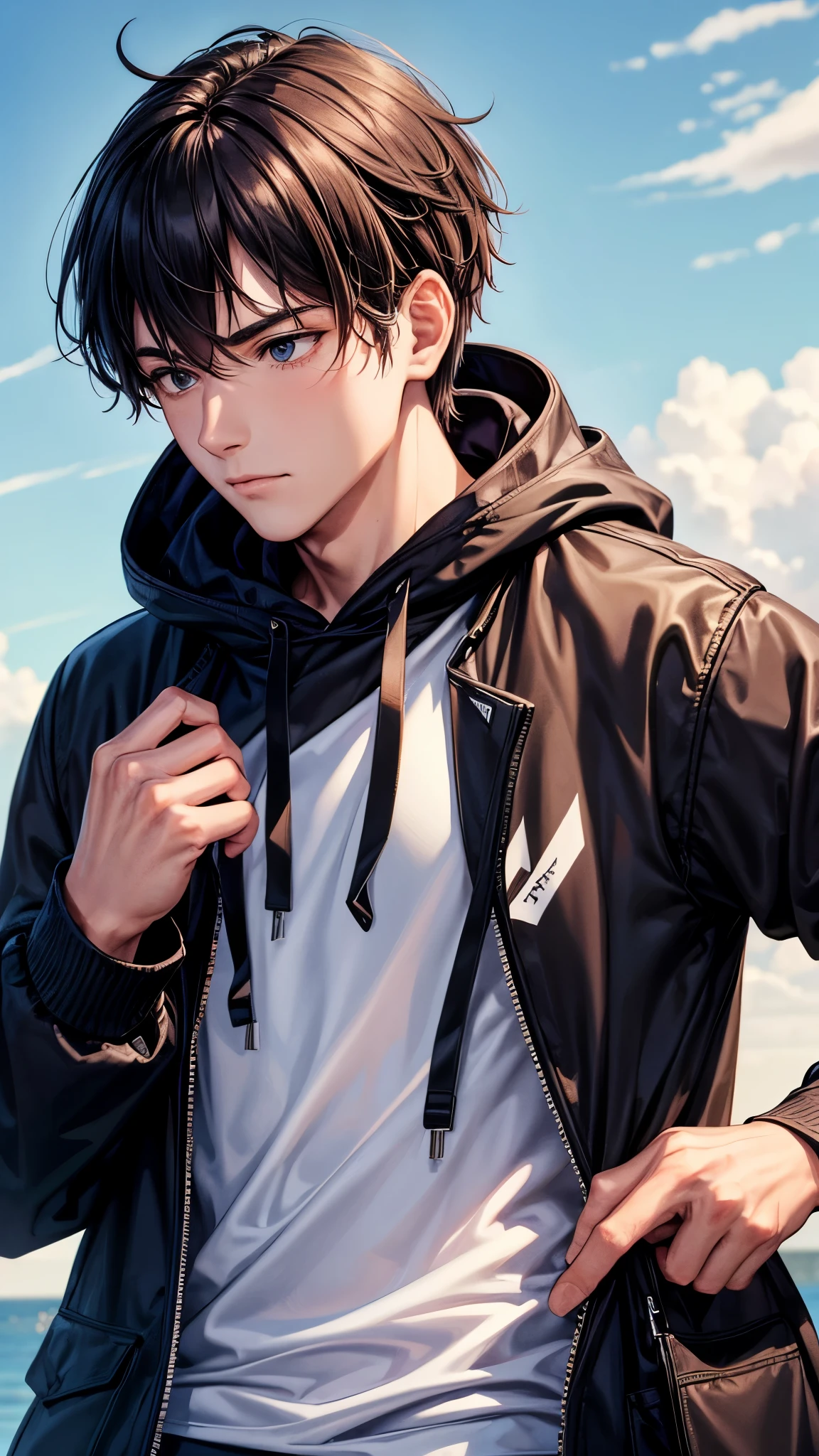 (masterpiece, best quality:1.2), (hyperdetailed face), (Super well-formed face), close up, face focus, solo, male focus, 1boy, itadori yuuji, 15-years-old, slim body, pink hair, undercut, brown eyes, beautiful pupils, beautiful detailed eyes, smiling, white teeth, red hoodie, long sleeves, black pants, looking at viewer, beautiful blue sky, summer sky