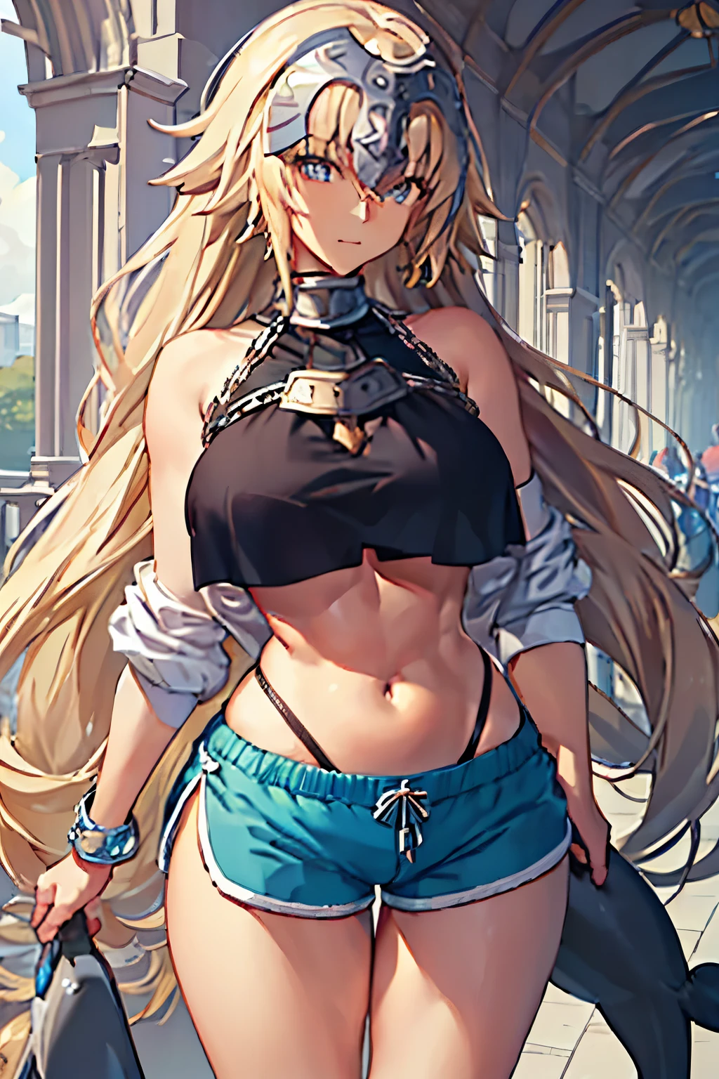 masterpiece, Highest quality, 1 person,(  Are standing, View your viewers),Detailed Background、A person who writes in detail、Accurate human body、Knowledgeable person、Accurate 5 fingers, (woman,Curvy body,alone ,),large breasts ,(jeanne_d_arch_fgo),((crop top)),((dolphin shorts))