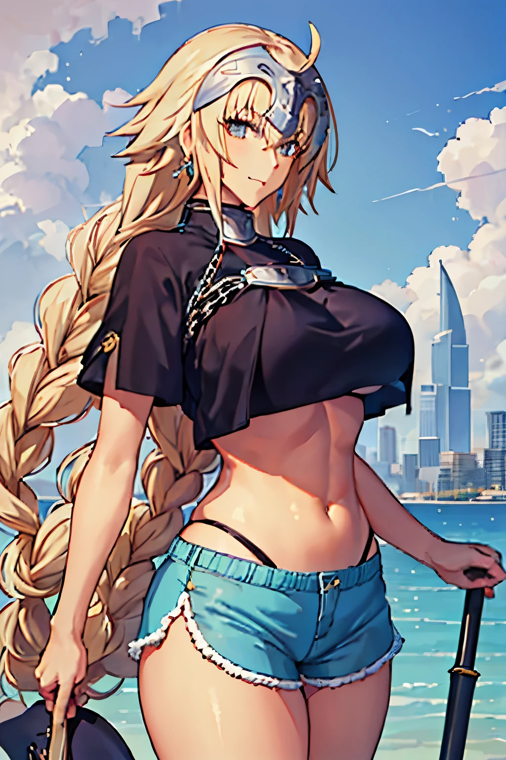 masterpiece, Highest quality, 1 person,(  Are standing, View your viewers),Detailed Background、A person who writes in detail、Accurate human body、Knowledgeable person、Accurate 5 fingers, (woman,Curvy body,alone ,),large breasts ,(jeanne_d_arch_fgo),((crop top)),((dolphin shorts))