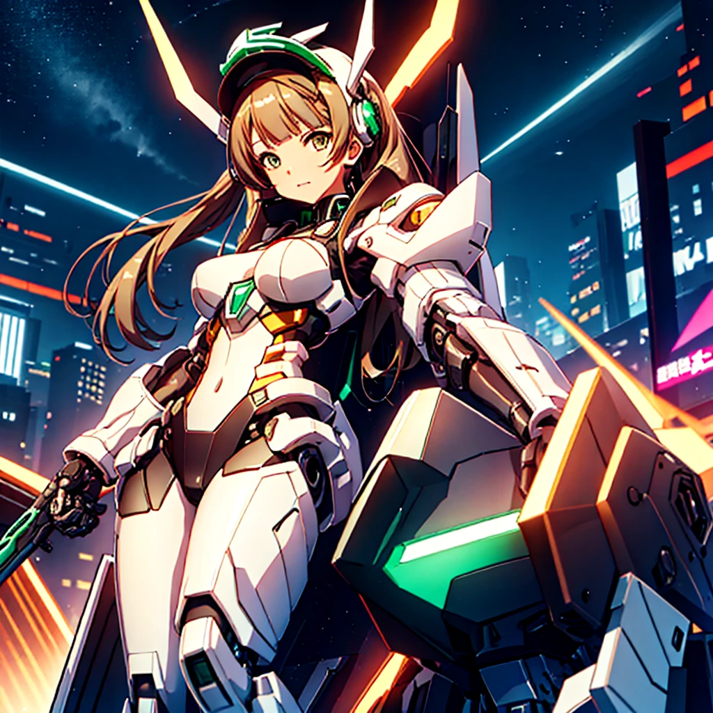 masterpiece, high quality, Gynoid Cyborg Body、The face is Minami Kotori、Minami Kotori, who has been remodeled into a girl-type mechanical body、Mecha Cyborg Girl、Single, frontal composition、Single image、from front, full body、Arms and legs wide open、Black Background