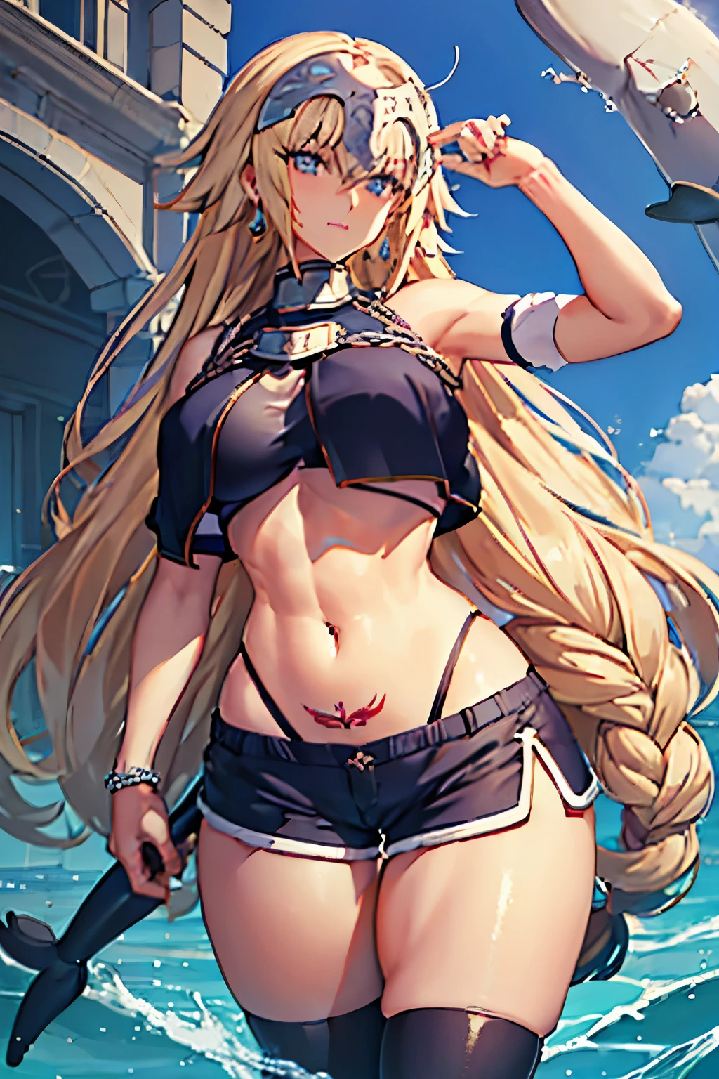 masterpiece, Highest quality, 1 person,(  Are standing, View your viewers),Detailed Background、A person who writes in detail、Accurate human body、Knowledgeable person、Accurate 5 fingers, (woman,Curvy body,alone ,),large breasts ,(jeanne_d_arch_fgo),((crop top)),((dolphin shorts)),womb tattoo