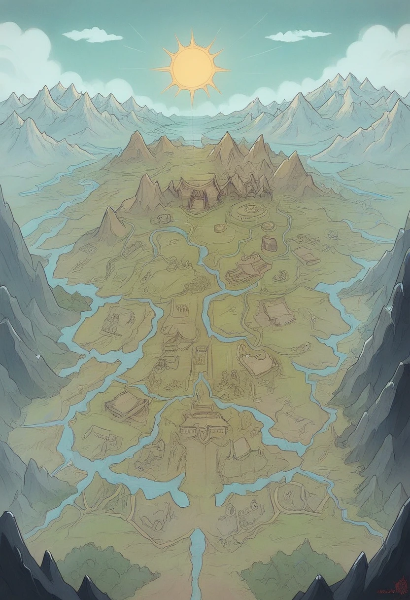 Create a fantasy map for a tabletop RPG. Include the following elements:

Terrain: Forests, mountains, rivers, lakes, deserts, and plains.
Settlements: Walled cities, villages, and farms.
Points of Interest: Ancient ruins, wizard towers, caves, and bridges.
Paths: Main roads and smaller trails.
Additional Elements: Watchtowers, lighthouses, statues, varied vegetation, and different climates (snow, rain, sun).
Style: Medieval fantasy, vibrant colors, rich details, labels or icons for identification.