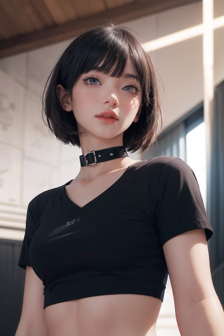 Photorealistic, masutepiece, Best Quality, Raw photo, 1girl in, Solo, handsome short hair, Detailed face, alluring face, Black shirt with collar, medium breasts, Dynamic Pose, Looking at Viewer, From below, Detailed background, fine detailed, intricate detailes, Ray tracing, depth of fields, lowkey, nffsw