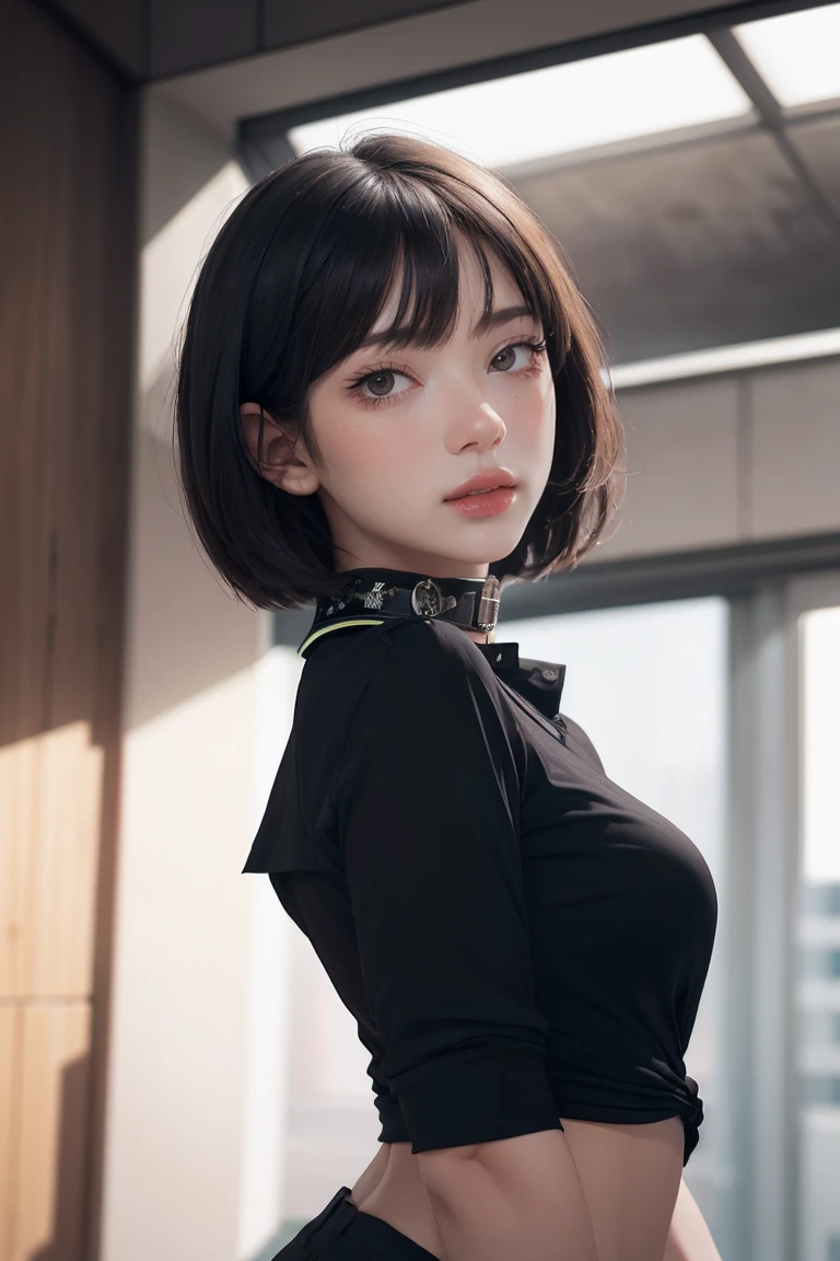 Photorealistic, masutepiece, Best Quality, Raw photo, 1girl in, Solo, handsome short hair, Detailed face, alluring face, Black shirt with collar, medium breasts, Dynamic Pose, Looking at Viewer, From below, Detailed background, fine detailed, intricate detailes, Ray tracing, depth of fields, lowkey, nffsw