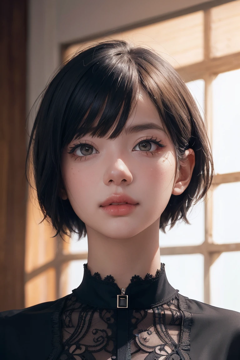 Photorealistic, masutepiece, Best Quality, Raw photo, 1girl in, Solo, handsome short hair, Detailed face, alluring face, Black shirt with collar, medium breasts, Dynamic Pose, Looking at Viewer, From below, Detailed background, fine detailed, intricate detailes, Ray tracing, depth of fields, lowkey, nffsw