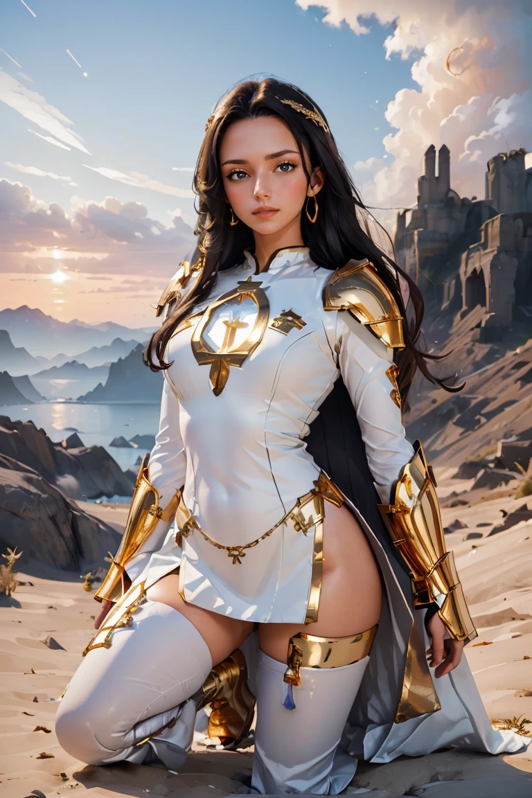 ((masterpiece, best quality, extremely detailed), volumetric lighting, ambient occlusion, colorful, glowing), 1girl, solo, young girl, (dark hair), long hair, halo, aura, sacred, goddess, cleric suit, (white outfit with gold detailst:1.3), armor, outdoors, sunset, sky, clouds, space, (fantasy theme:1.2), full body armor