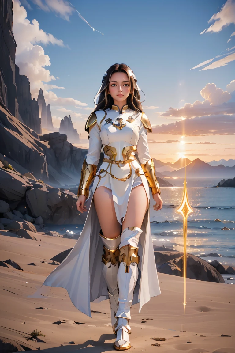 ((masterpiece, best quality, extremely detailed), volumetric lighting, ambient occlusion, colorful, glowing), 1girl, solo, young girl, (dark hair), long hair, halo, aura, sacred, goddess, cleric suit, (white outfit with gold detailst:1.3), armor, outdoors, sunset, sky, clouds, space, (fantasy theme:1.2), full body armor