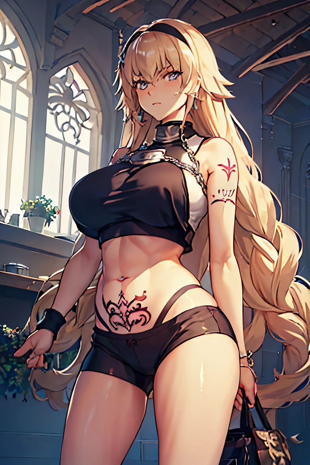 masterpiece, Highest quality, 1 person,(  Are standing, View your viewers),Detailed Background、A person who writes in detail、Accurate human body、Knowledgeable person、Accurate 5 fingers, (woman,Curvy body,alone ,),large breasts ,(jeanne_d_arch_fgo),((crop top)),((bike shorts)),((womb tattoo))