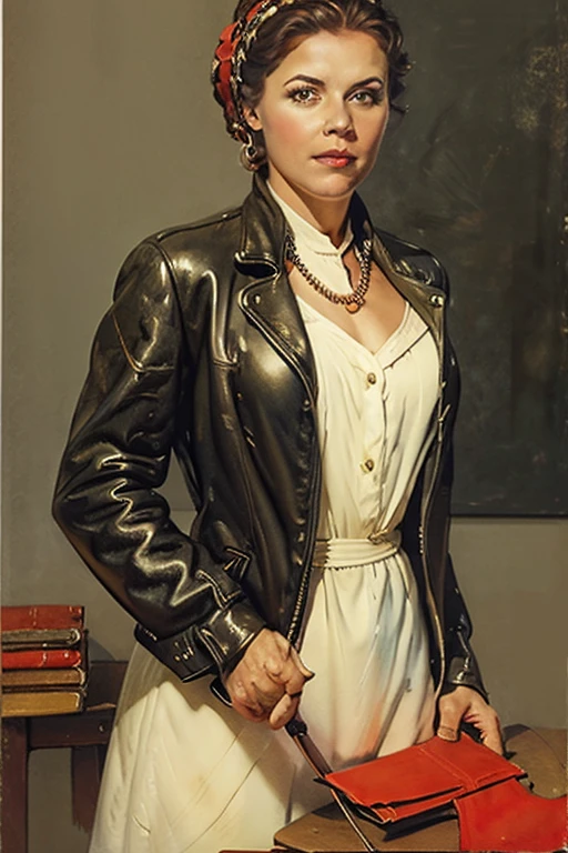 Girl in leather clothes, the inscription on the painting is of the highest quality