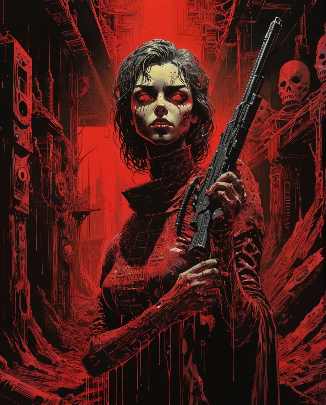 an illustration of a woman
holding a gun, in the style of
cyberpunk manga, masks and
totems, light black and red,
neon color palette, mecha
anime, mirrored realms, vanitas ......, maximalist art, by Moebius and Hariton Pushwagner, (ambient occlusion, masterful, beautiful), poster art, bold lines, hyper detailed, expressive, award winning, (landscape:1.4), (intricate details, masterpiece, best quality:1.4), looking at viewer, dynamic pose, wide angle view, in the style of nicola samori , futuristic style, sleek, ultra modern, high tech, ornate by Moebius and by Marc Simonetti, clean lines, geometric shapes, Minimalist color scheme of red and cyan
mkitdecy, rust, cracks brutalism, style by Tom Jung and Drew Struzan and Tim and Greg Hildebrandt, ((style by artgerm and Greg Manchess and Ilya Kuvshinov))