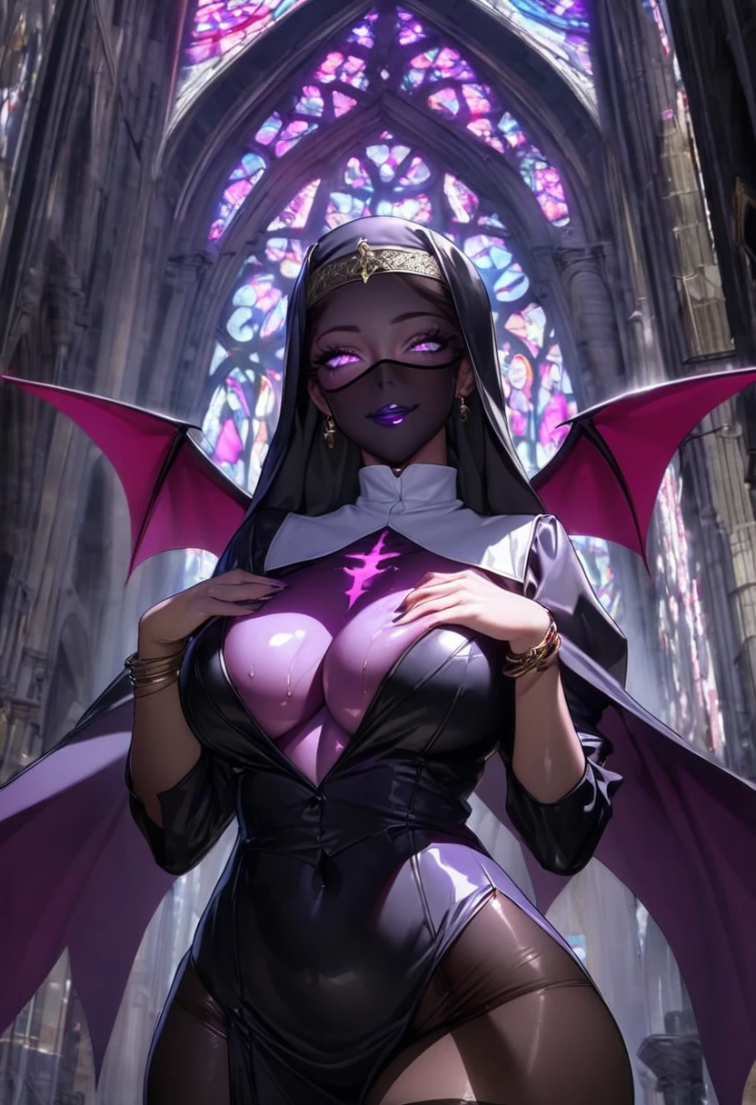 1 mature and seductive woman,(Detailed Description,Incredibly absurd,High resolution,8k wallpaper,masterpiece,Highest quality,Depth of region,Anatomically accurate depiction,A face with attention to detail, Eye for detail),(Glowing Skin,Shiny skin,Oilskin),((Succubus disguised as a nun)),(Luxurious monastic clothing,Face Veil,A veil covering the mouth:1.2,Earrings,bracelet,Thigh-high boots,black tights,),eyelash,(Luminous purple eyes,Eyes of Madness,There is cleavage in the chest,Bewitching Smile,Glossy lipstick,Inviting gesture,Condescending Gaze),Sweat,(whole body),(background:A magnificent church with stained glass),(From below:1.2),Purple air,Devil&#39;s Wings