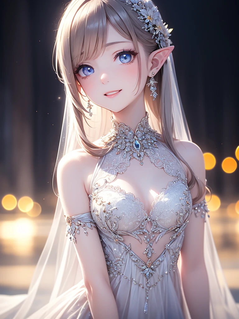 (master piece),(4k),high quality,flat chest,1girl,elf,long silver hair,pale skin,Dramatic makeup,smiling elegantly,beautiful detailed blue eyes,silky dress,multilayered outfit, (Highly detailed elegant),Fade out beautifully, Detailed skin,The background is soft and blurry,Add a dramatic and symbolic element to your scene, Depth of written boundary, Bokeh, Silky to the touch, Hyper Detail,sitting,in white beach,Brush strokes