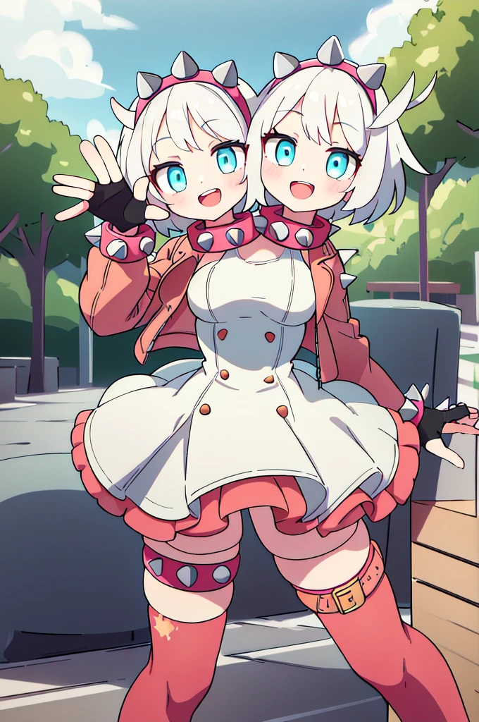 (masterpiece, best quality:1.2), solo, 1girl, striveelphelt, :d, teeth, looking at viewer, waving, white hair, ahoge, hairband, jacket, dress, fingerless gloves, thighhighs, spiked collar, spiked bracelet, outdoors, (2heads:1.5)