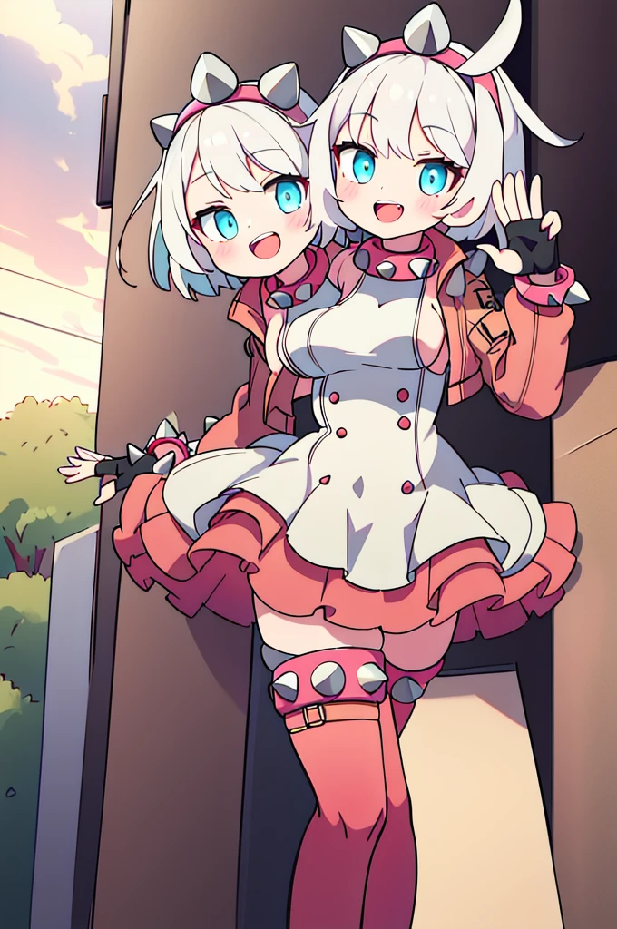 (masterpiece, best quality:1.2), solo, 1girl, striveelphelt, :d, teeth, looking at viewer, waving, white hair, ahoge, hairband, jacket, dress, fingerless gloves, thighhighs, spiked collar, spiked bracelet, outdoors, (2heads:1.5)