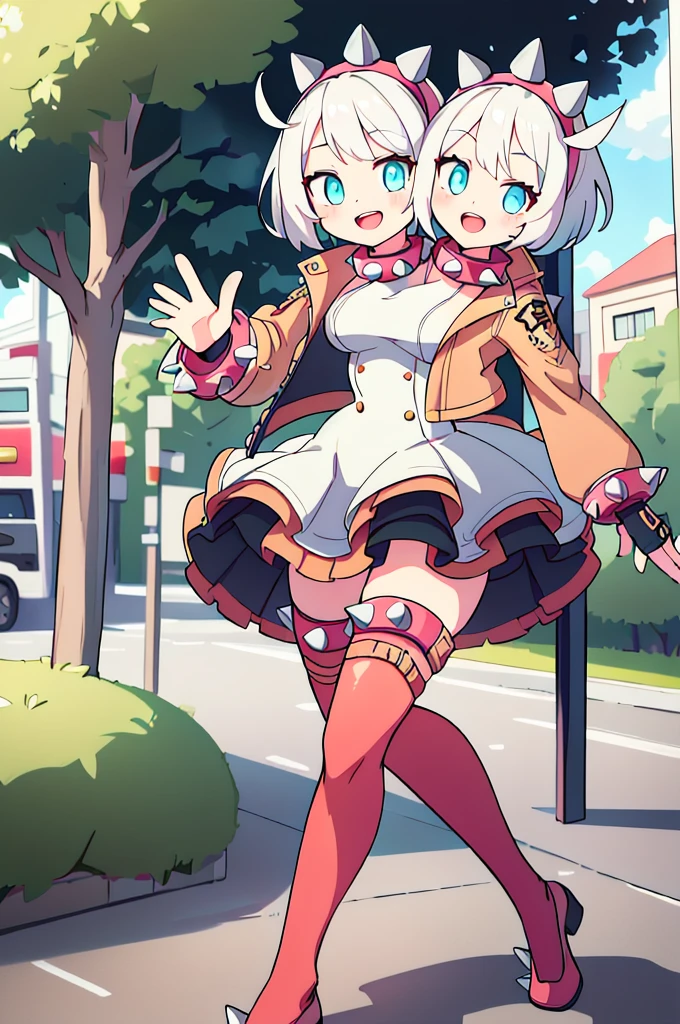 (masterpiece, best quality:1.2), solo, 1girl, striveelphelt, :d, teeth, looking at viewer, waving, white hair, ahoge, hairband, jacket, dress, fingerless gloves, thighhighs, spiked collar, spiked bracelet, outdoors, (2heads:1.5)