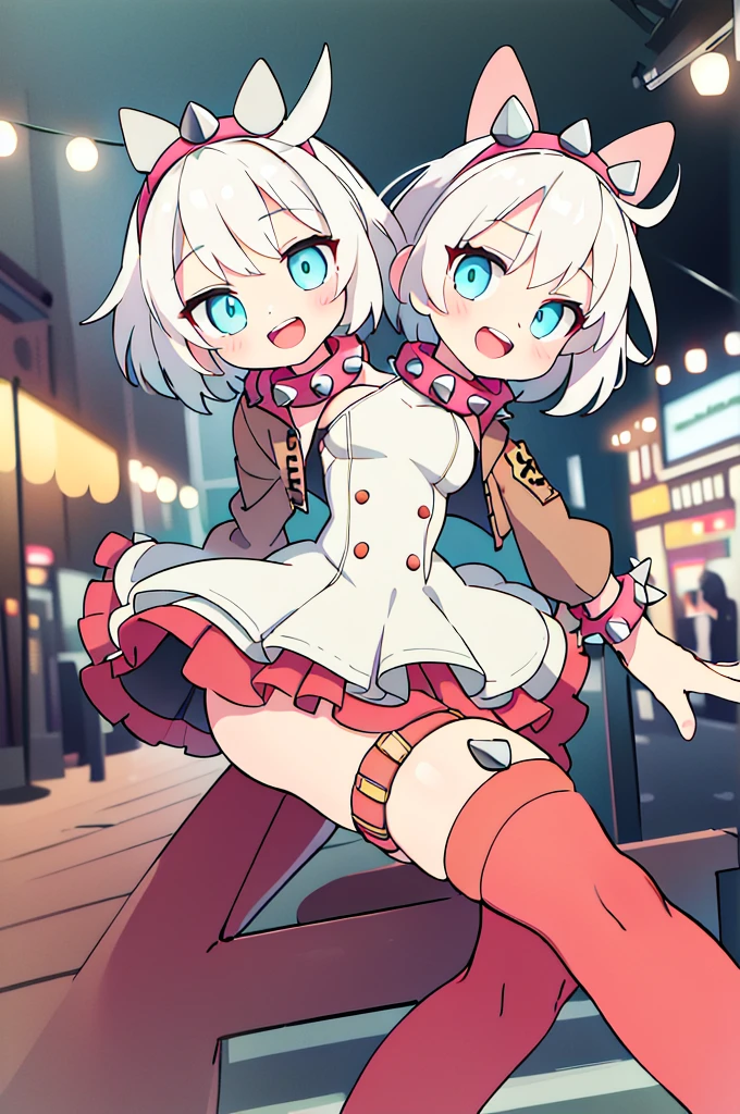 (masterpiece, best quality:1.2), solo, 1girl, striveelphelt, :d, teeth, looking at viewer, waving, white hair, ahoge, hairband, jacket, dress, fingerless gloves, thighhighs, spiked collar, spiked bracelet, outdoors, (2heads:1.5)