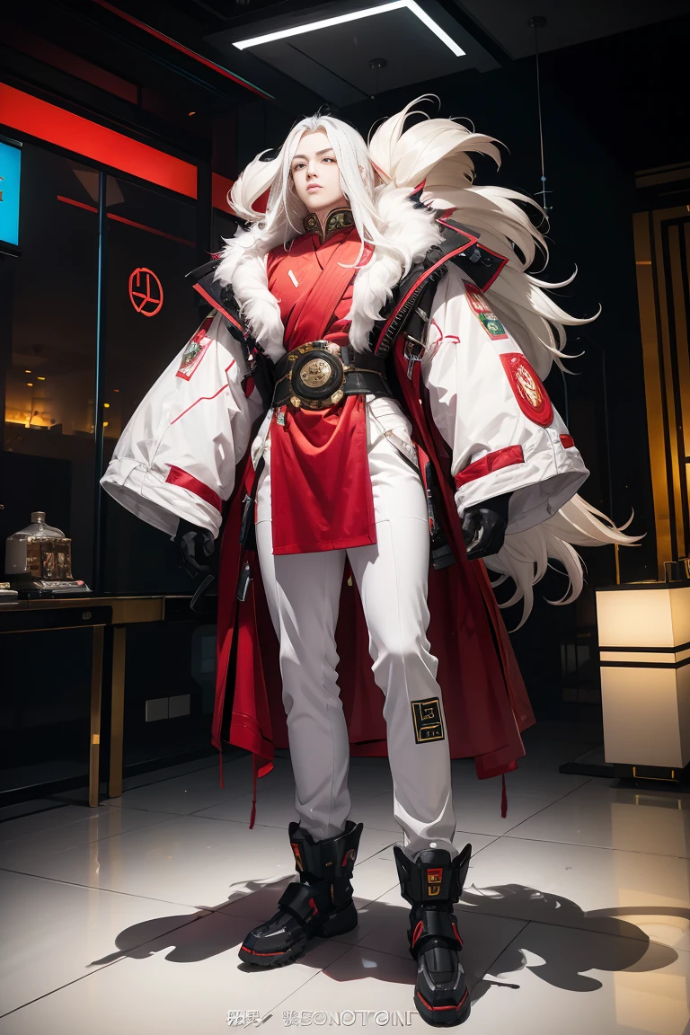 Men, Chinese style, long white hair, cyberpunk, vintage clothing, HD, mecha, full body,