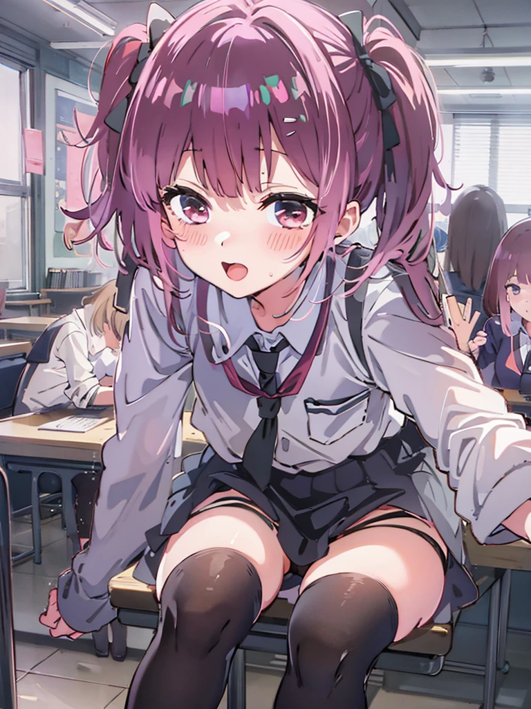 (((Anime Style,He cultivated four,1 person,uniform,classroom,Sit cross-legged at a desk,blush,Laughter,touch))),((Shooting from below,Black knee socks,Black underwear,Panty shot,Shot in close-up))