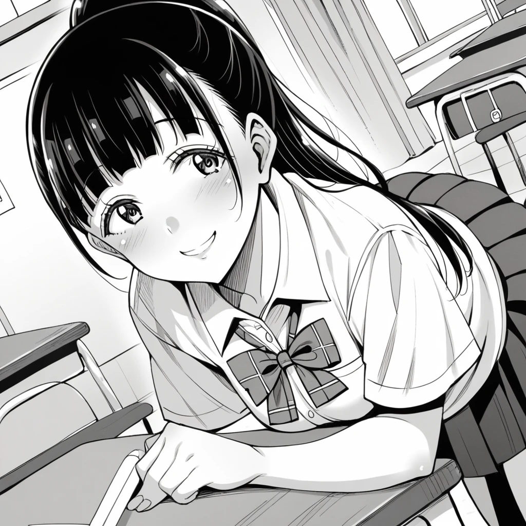 score_9, score_8_up, score_7_up, source_anime,
yuitachibana, yui tachibana, long hair, bangs, ponytail, monochrome, greyscale,
skirt, bow, , pleated skirt, shirt, white shirt, collared shirt, short sleeves,
indoors, classroom, bent over, smile,
looking at viewer, solo, dutch angle, cowboy shot,尻を突き出す、四つん這い