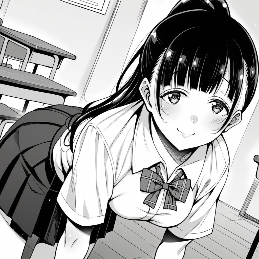 score_9, score_8_up, score_7_up, source_anime,
yuitachibana, yui tachibana, long hair, bangs, ponytail, monochrome, greyscale,
skirt, bow, , pleated skirt, shirt, white shirt, collared shirt, short sleeves,
indoors, classroom, bent over, smile,
looking at viewer, solo, dutch angle, cowboy shot,尻を突き出す、四つん這い