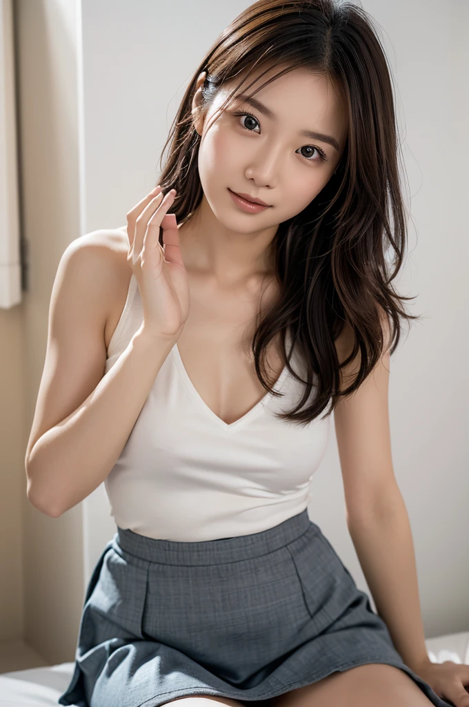 (top-quality, 16K, ​masterpiece:1.3), (ultra detailed), (masterpiece), (best quality), Highest quality, Realistic, surreal, Highest quality, Extremely detailed CG, Very delicate, 16K wallpaper, High resolution, A female manager working for a top company, 3, ((A light-colored, sexy mole on the face:1.0)), ((UNTITLED business suits:1.2)), ((A very simple necklace)), Japanese office with large windows, ((Working at a desk:1.5)), Japanese, slender body, very detailed, detailed fingers, detailed hands, detailed eyes, detailed legs, accurate and perfect human anatomy, real human skin, BREAK ((upper body:1.5)), ((look into the viewer's eyes:1.5)), ((looking at viewer:1.5)), ((Front view:1.5)), ((from front:1.5)),
