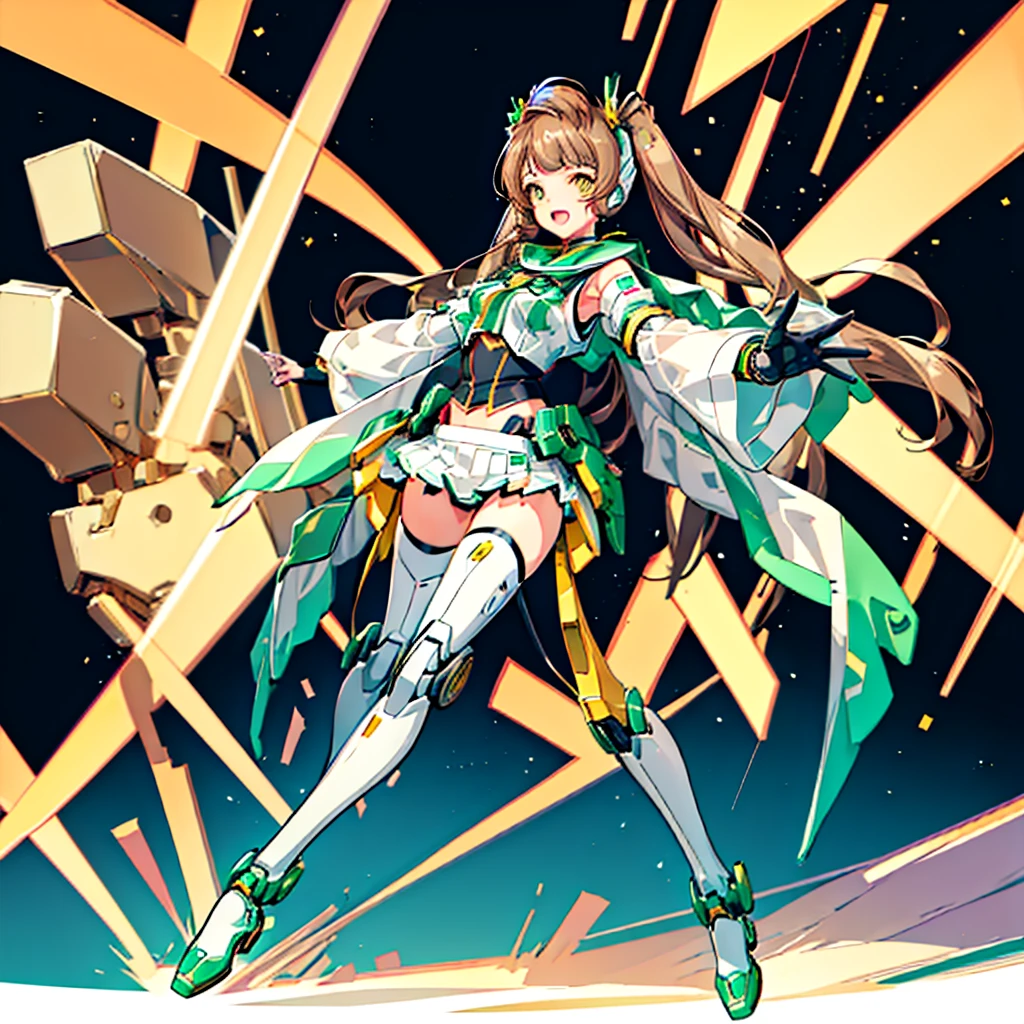 masterpiece, high quality, Gynoid Cyborg Body、The face is Minami Kotori、Minami Kotori, who has been remodeled into a girl-type mechanical body、Mecha Cyborg Girl、Single, frontal composition、Single image、from front, full body、Arms and legs wide open、Black Background