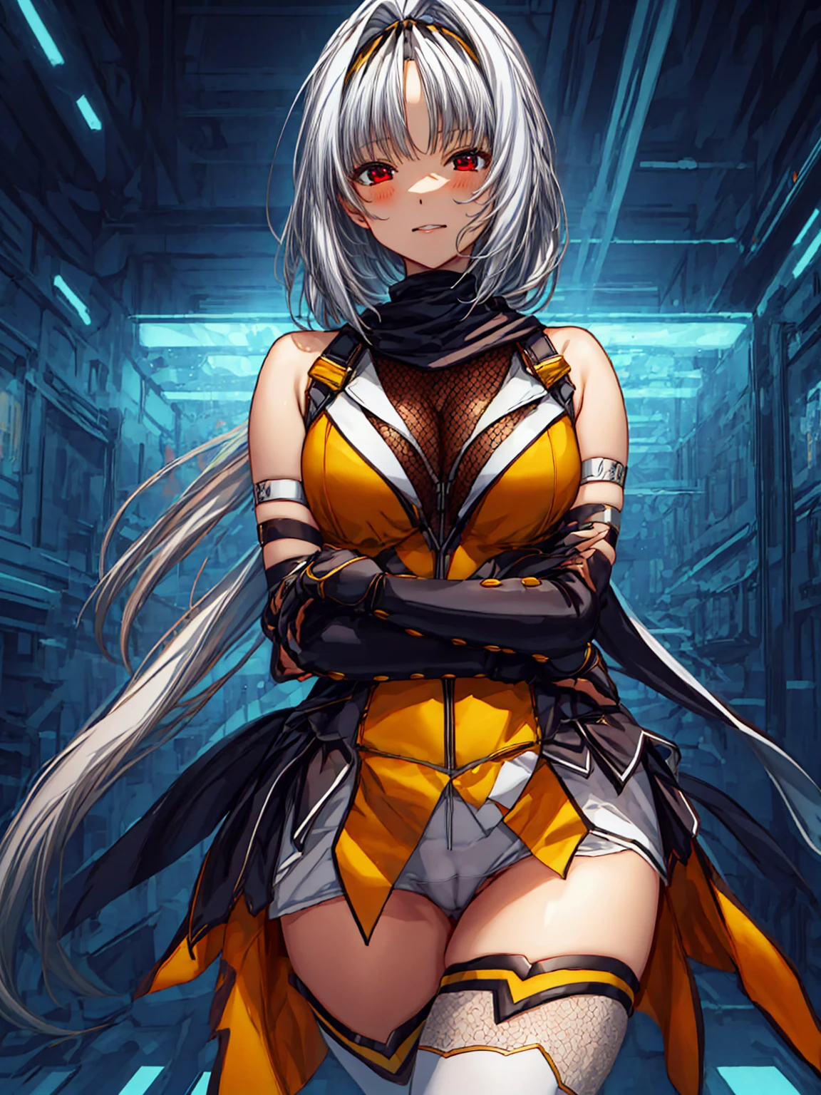 masterpiece, Highest quality, Anime Style,Official Art Beautiful Lighting, 1 Girl, bangs, (Inside a futuristic base:1.4),  , masterpiece,Noise Reduction,perfect anatomy,high resolution, ultra-detailed,game cg,dutch angle ,beautiful detailed eyes,visualart,five fingers, perfect hands, perfect lighting,(cameltoe:1.3),red eyes,(Silver Hair:1.2),evil smile,takamori haruka, 1girl,ninja,neckerchief,empty eyes:1.6),microskirt,fingerless gloves, white skirt, white legwear, yellow dress,fishnets,胸から上