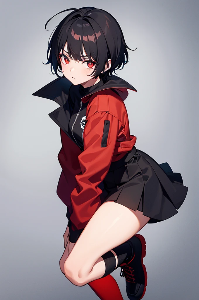 A tomboy girl with red and black uniforms and Short black hair with white eyes and black pupils and Staring coldly