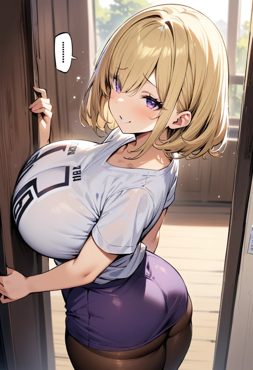 ((Best Quality)), ((Masterpiece)), (detailed), 1 girl, Pastel yellow hair, wide, hair covers one eye, purple eyes, big breasts, big thighs, expression smiling shy, white voting t-shirt, purple skirt, brown pantyhose, looking at the viewer, view from behind, backwards