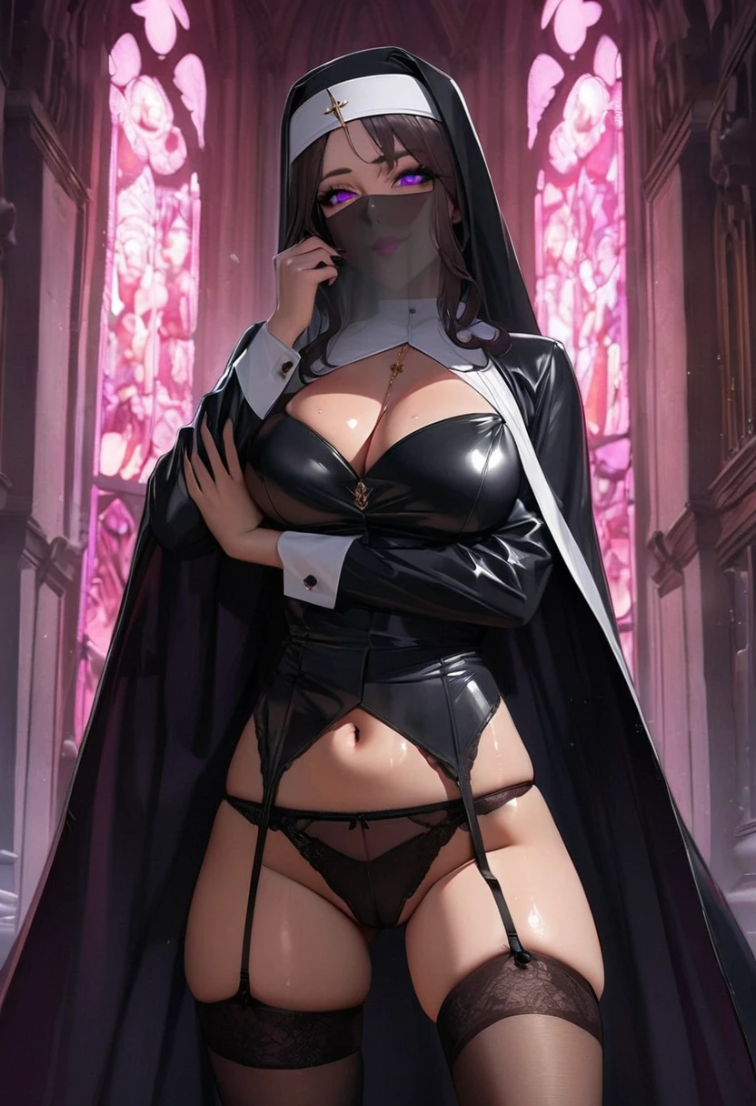 1 mature and seductive woman,(Detailed Description,Incredibly absurd,High resolution,8k wallpaper,masterpiece,Highest quality,Depth of region,Anatomically accurate depiction,A face with attention to detail, Eye for detail),(Glowing Skin,Shiny skin,Oilskin),((Succubus disguised as a nun)),(Luxurious monastic clothing,Face Veil,A veil covering the mouth:1.2,Earrings,bracelet,Thigh-high boots,black tights,),eyelash,(Luminous purple eyes,Eyes of Madness,There is cleavage in the chest,Bewitching Smile,Glossy lipstick,Inviting gesture,Condescending Gaze),Sweat,(whole body),(background:A magnificent church with stained glass),(From below:1.2),Purple air,Devil&#39;s Wings