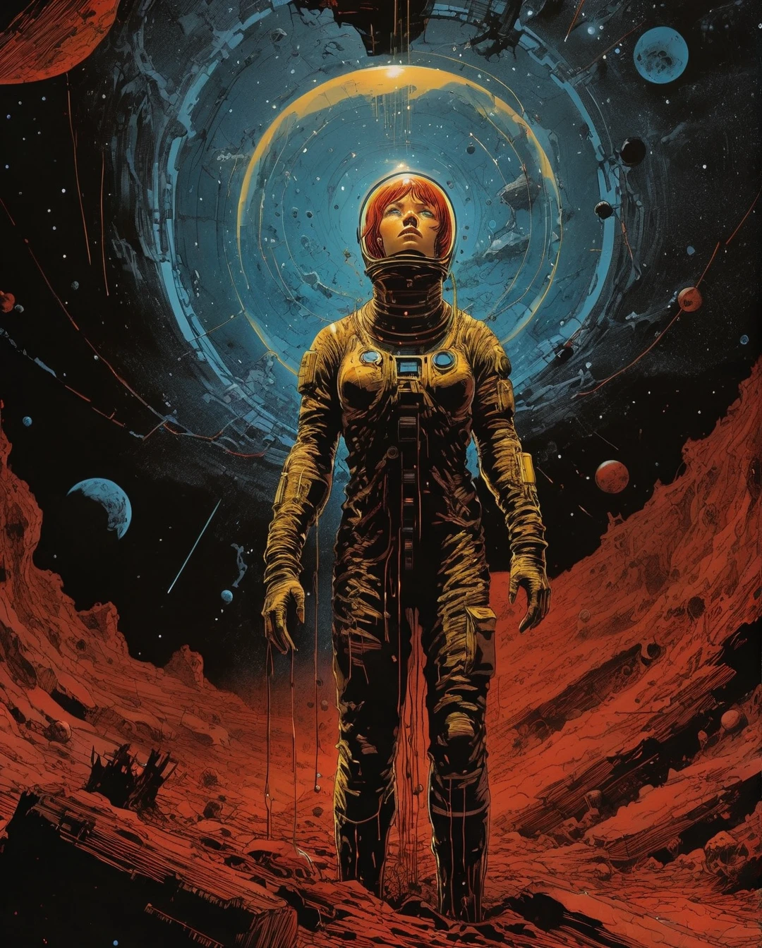 an image of a red head in
space, in the style of scientific
diagrams, realist detail,
neo-geo, clockpunk, panoramic
scale, depictions of inclement
weather, calculated ......, maximalist art, by Moebius and Hariton Pushwagner, (ambient occlusion, masterful, beautiful), poster art, bold lines, hyper detailed, expressive, award winning, (landscape:1.4), (intricate details, masterpiece, best quality:1.4), looking at viewer, dynamic pose, wide angle view, in the style of nicola samori , futuristic style, sleek, ultra modern, high tech, ornate by Moebius and by Marc Simonetti, clean lines, geometric shapes, Minimalist color scheme of red and cyan
mkitdecy, rust, cracks brutalism, style by Tom Jung and Drew Struzan and Tim and Greg Hildebrandt, ((style by artgerm and Greg Manchess and Ilya Kuvshinov))