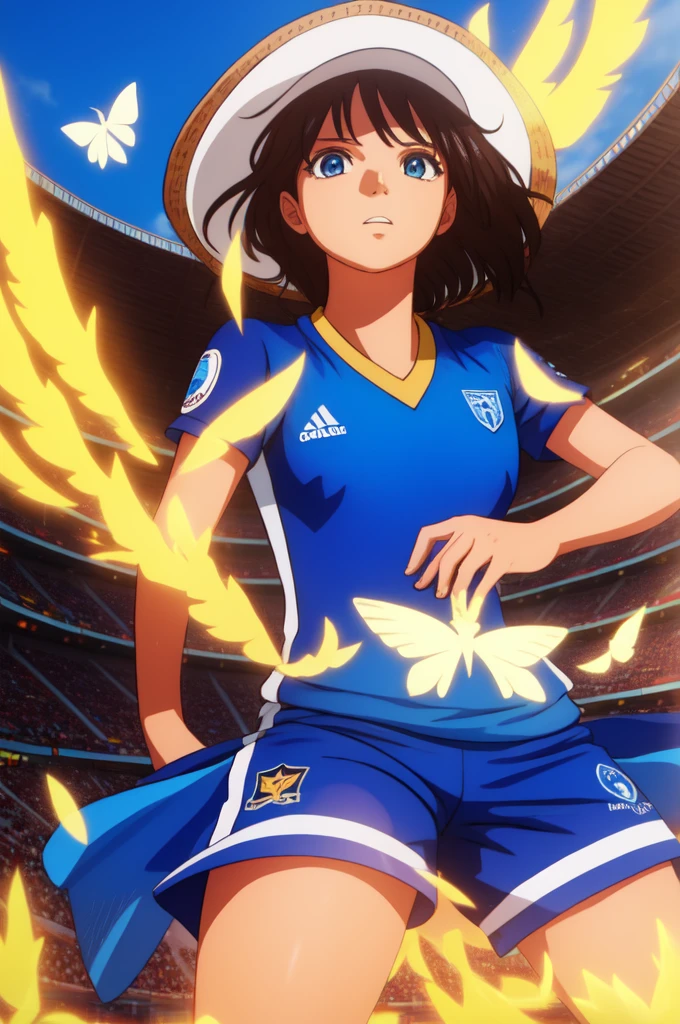 {{{masterpiece}, }}, {very detailed CG}, amazing, in detail, alone, soccer stadium, sky, {{Hair fluttering in the wind}}, detailed background, beautiful, transparent, Football Jerseys, bright eyes, {{whole body}}, dynamic pose, dynamic angle, split, looking at the viewer, Detailed clothes, beautiful 노을, enlargement, best quality