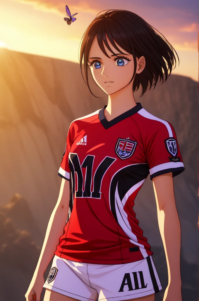 {{{masterpiece}, }}, {very detailed CG}, amazing, in detail, alone, soccer stadium, sky, {{Hair fluttering in the wind}}, detailed background, beautiful, transparent, Football Jerseys, bright eyes, {{whole body}}, dynamic pose, dynamic angle, split, looking at the viewer, Detailed clothes, beautiful 노을, enlargement, best quality