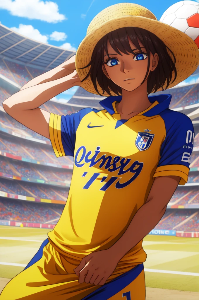 {{{masterpiece}, }}, {very detailed CG}, amazing, in detail, alone, soccer stadium, sky, {{Hair fluttering in the wind}}, detailed background, beautiful, transparent, Football Jerseys, bright eyes, {{whole body}}, dynamic pose, dynamic angle, split, looking at the viewer, Detailed clothes, beautiful 노을, enlargement, best quality