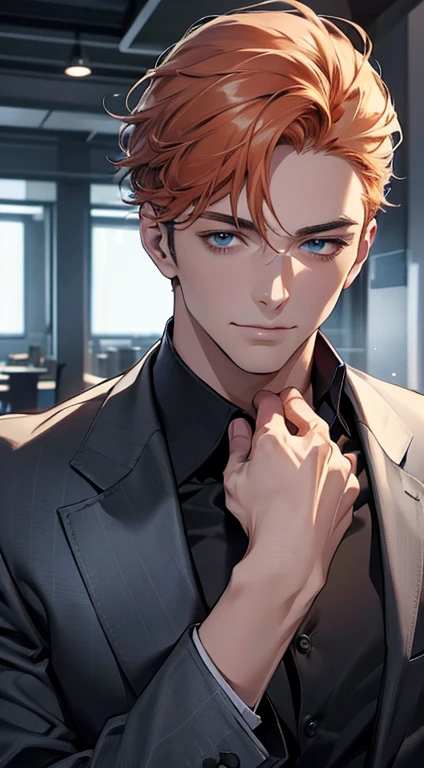 (best quality, masterpiece, 8K, photorealistic, cinematic lighting, hdr image, ultra detailed, beautiful image), 1 man, 31 years old, mature man, very handsome, (without expression, serious), short red hair, blue grey eyes ( penetrating gaze), perfect face without errors, imposing posture, without errors, businessman, office background