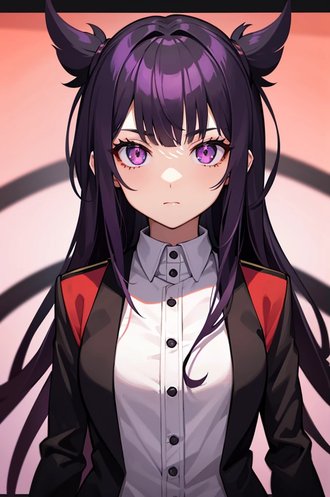 Ten girls with black and red uniform and purple eyes with pink pupils.